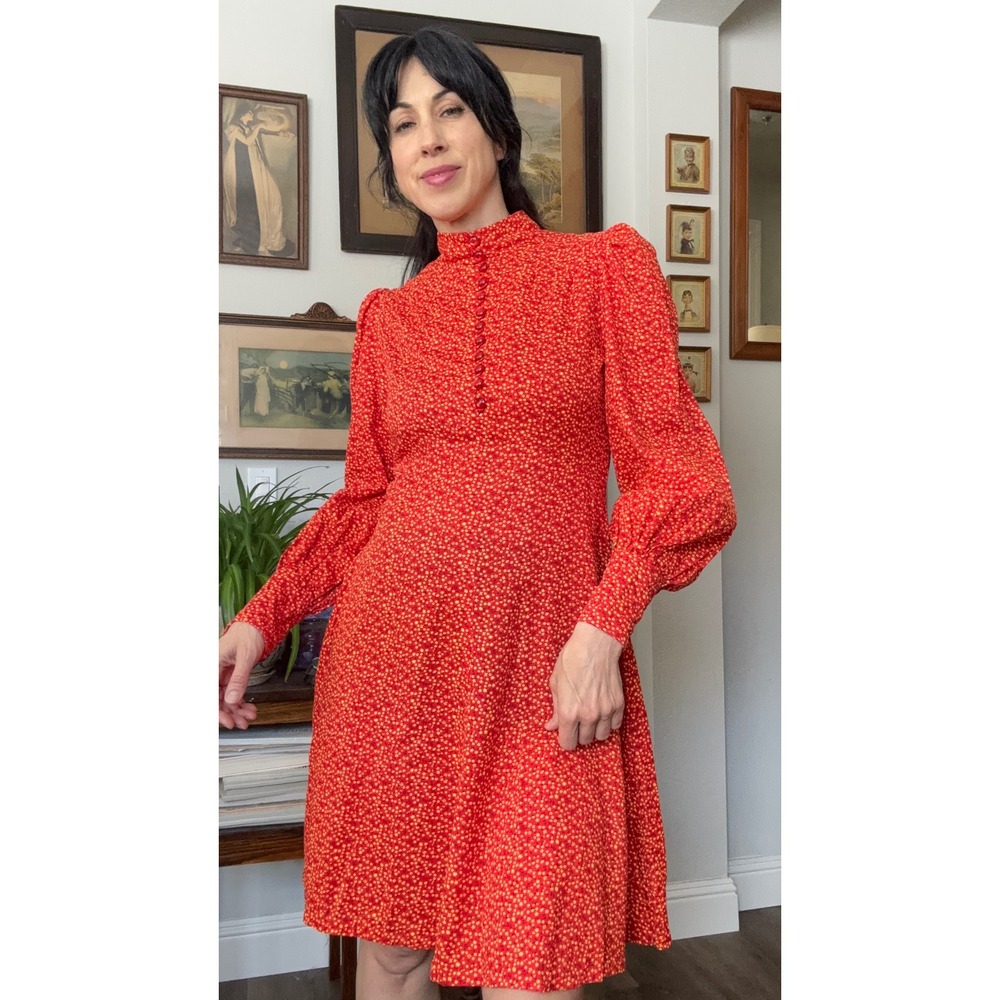 Vintage 70s Prairie Calico floral Print bishop Sleeve Dress Red Yellow - Picture 10 of 10